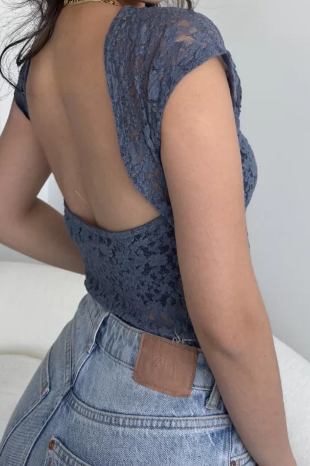 Kadın Mavi Dantel Sırt Dekolteli Crop (ZCK1000)