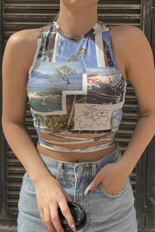 Kadın Mavi Desenli Bel Dolamalı Bluz (zck0475)