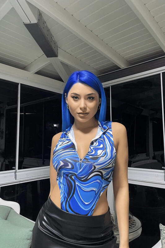 Kadın Mavi Desenli Fermuarlı Bodysuit (zck0594)