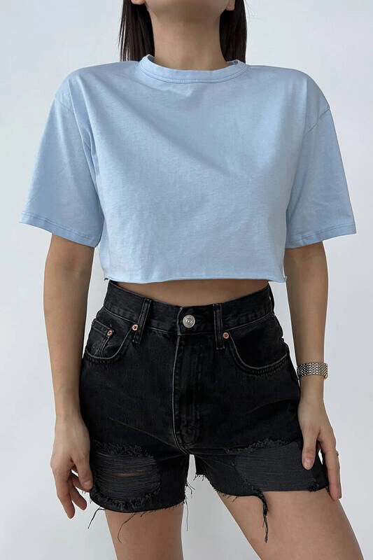 Kadın Mavi Kısa Basic Tişört (zck0451)