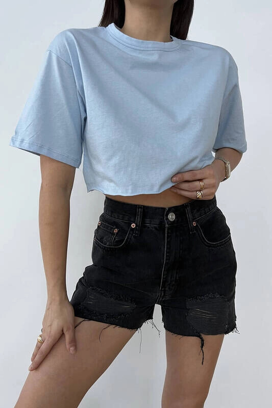 Kadın Mavi Kısa Basic Tişört (zck0451)