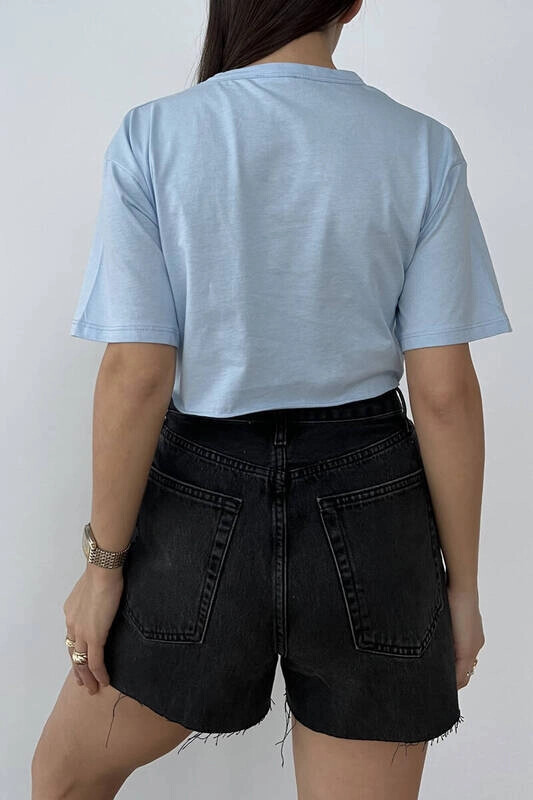 Kadın Mavi Kısa Basic Tişört (zck0451)