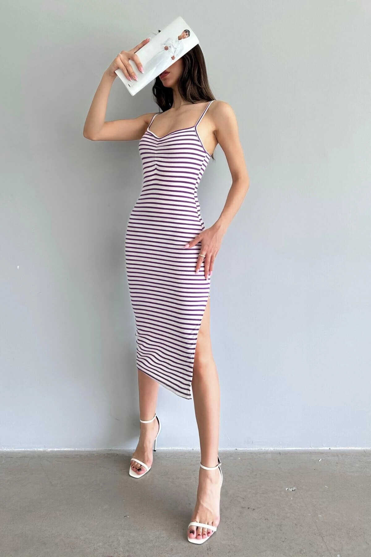 Kadın Mor Çizgili Askılı Midi Boy Elbise (zck0681)