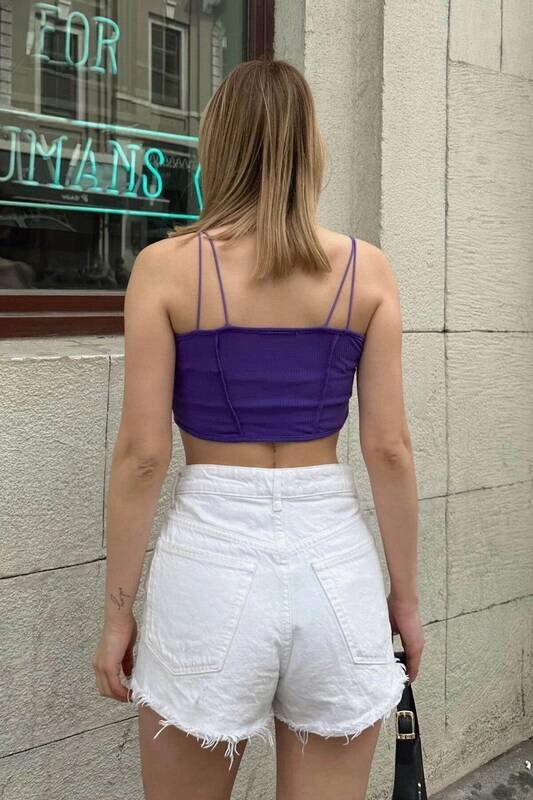 Kadın Mor İp Askılı Ters Dikiş Detaylı Crop Bluz (zck0657)
