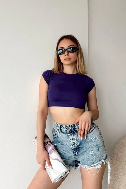 Kadın Mor Kısa Kollu Basic Crop Tshirt (zck0685)
