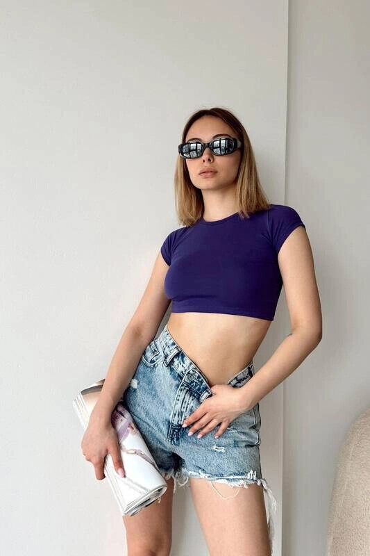 Kadın Mor Kısa Kollu Basic Crop Tshirt (zck0685)