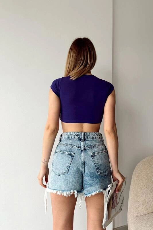 Kadın Mor Kısa Kollu Basic Crop Tshirt (zck0685)