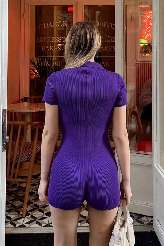 Kadın Mor Polo Yaka Şortlu Tulum (zck0335)