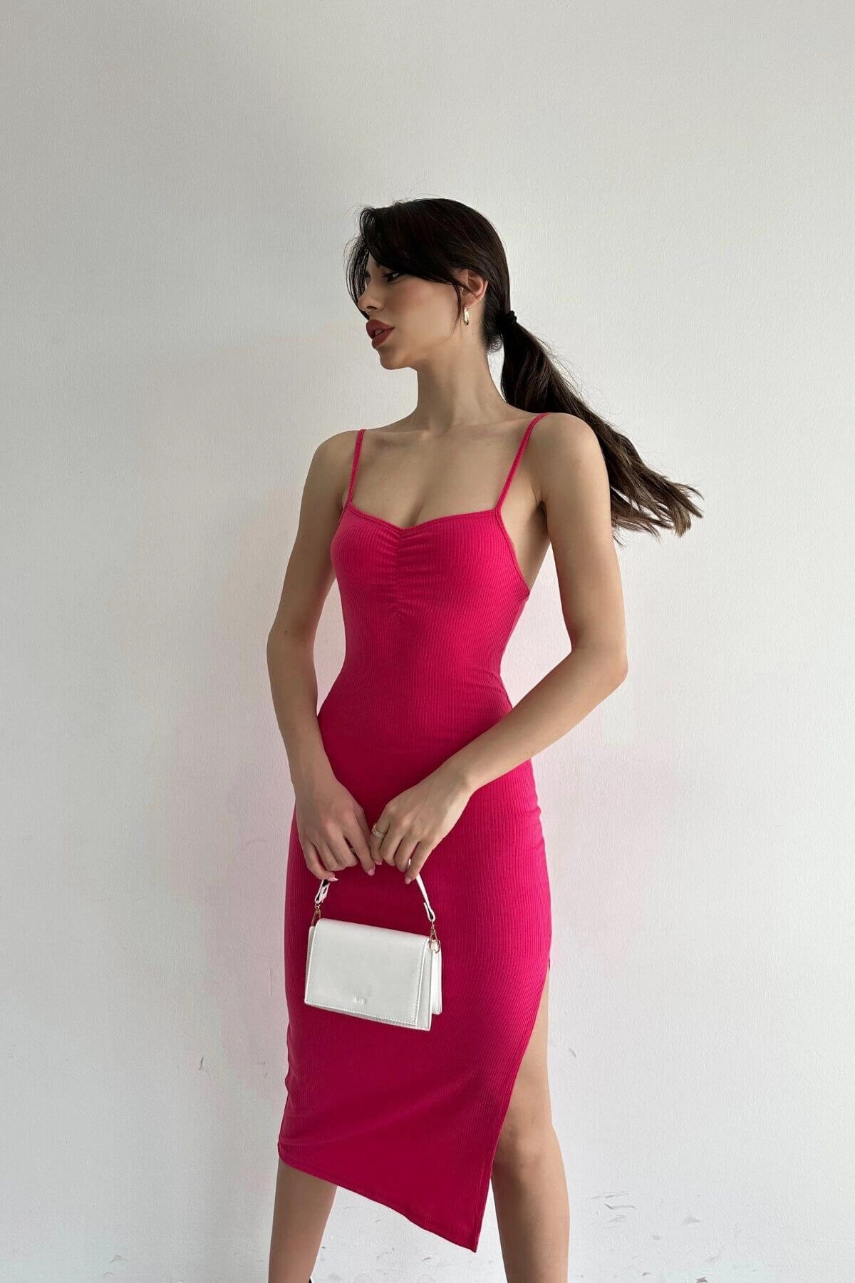 Kadın Pembe Askılı Midi Boy Elbise (zck0681)