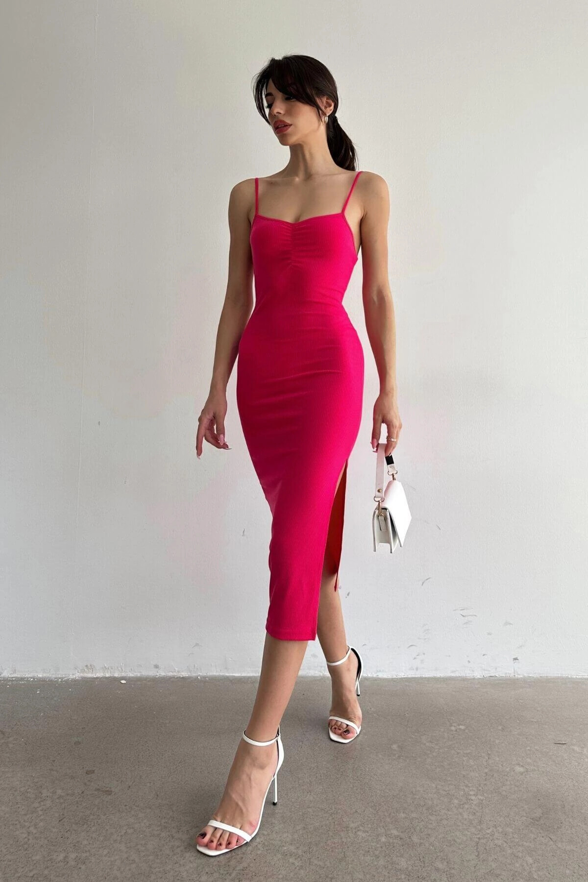 Kadın Pembe Askılı Midi Boy Elbise (zck0681)