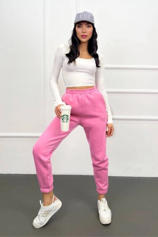 Kadın Pembe İçi Şardonlu Üç İplik Eşofman Altı (zck0577)