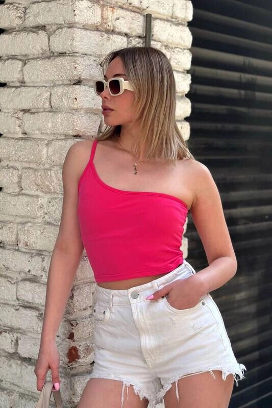 Kadın Pembe İp Askılı Tek Omuz Sandy Crop (zck0670)