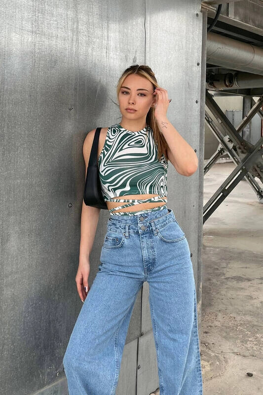 Kadın Petrol Yeşili Desenli Bel Dolamalı Bluz (zck0475)