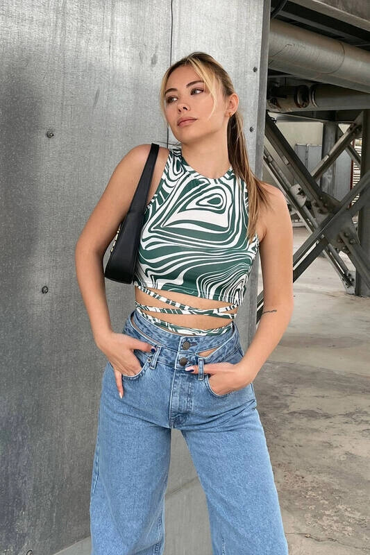 Kadın Petrol Yeşili Desenli Bel Dolamalı Bluz (zck0475)