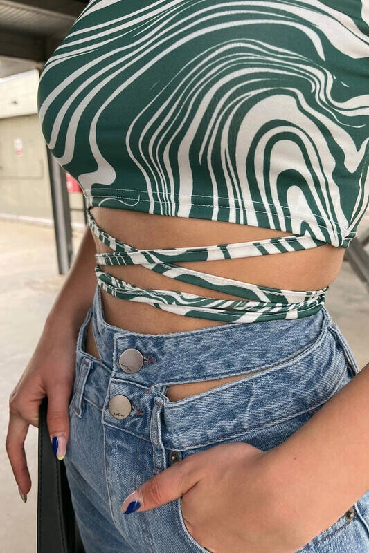 Kadın Petrol Yeşili Desenli Bel Dolamalı Bluz (zck0475)