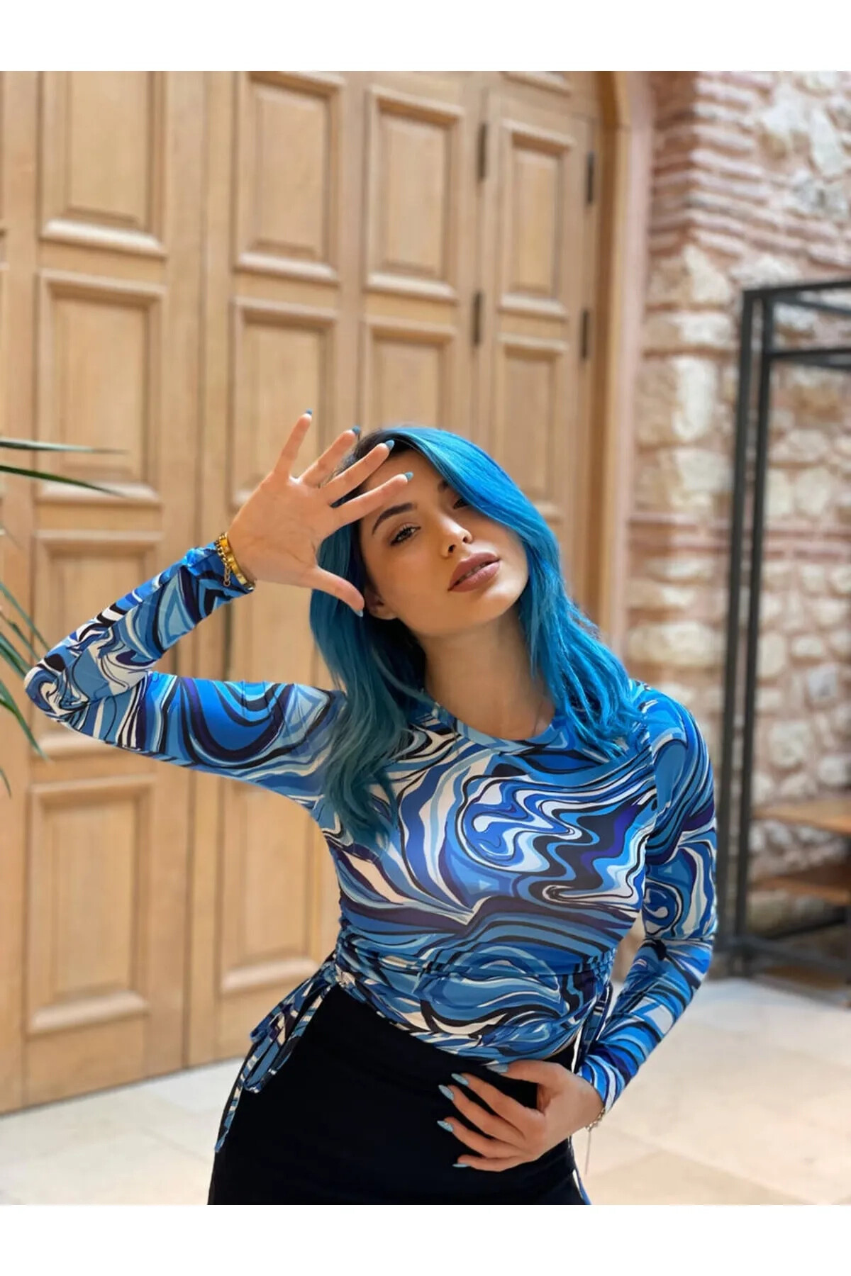 Kadın Saks Mavisi Bisiklet Yaka Büzgülü Bluz (zck0581)