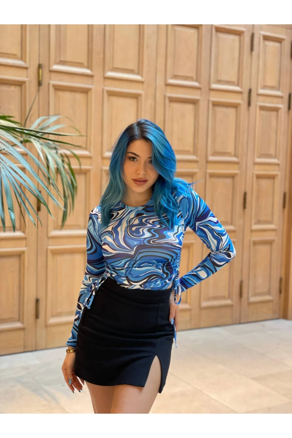 Kadın Saks Mavisi Bisiklet Yaka Büzgülü Bluz (zck0581)