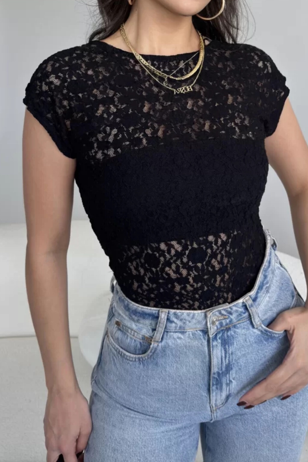 Kadın Siyah Dantel Sırt Dekolteli Crop (ZCK1000)