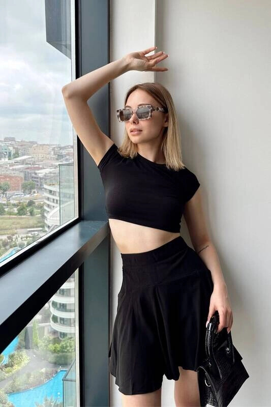 Kadın Siyah Kısa Kollu Basic Crop Tshirt (zck0685)