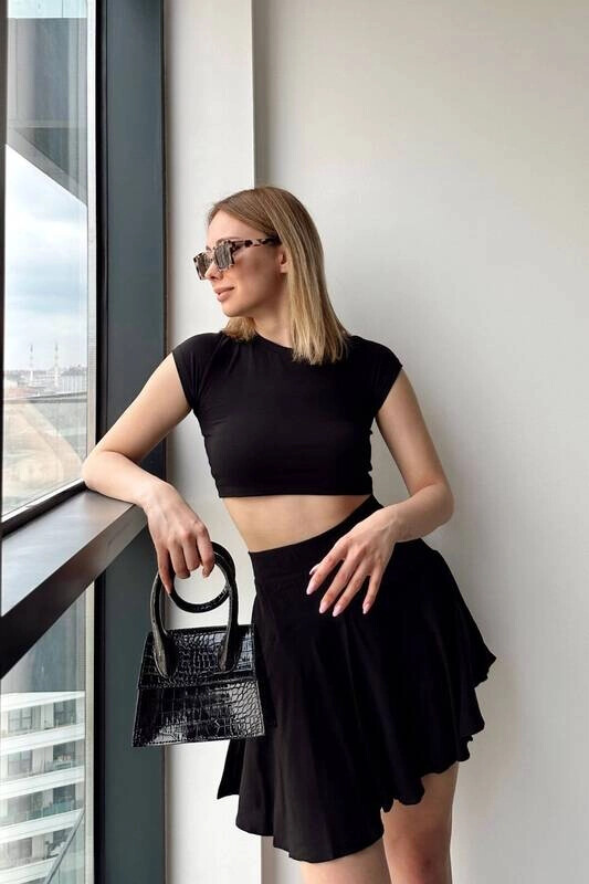 Kadın Siyah Kısa Kollu Basic Crop Tshirt (zck0685)