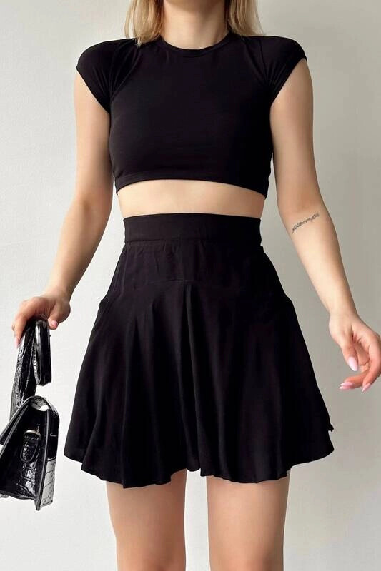 Kadın Siyah Kısa Kollu Basic Crop Tshirt (zck0685)