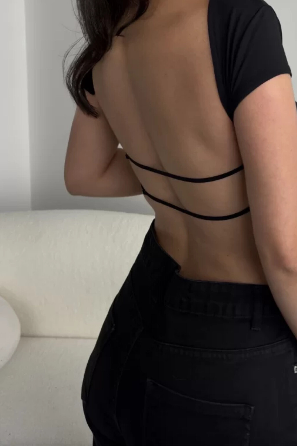 Kadın Siyah Sırt Dekolteli Ayarlanabilen Crop (ZCK99)