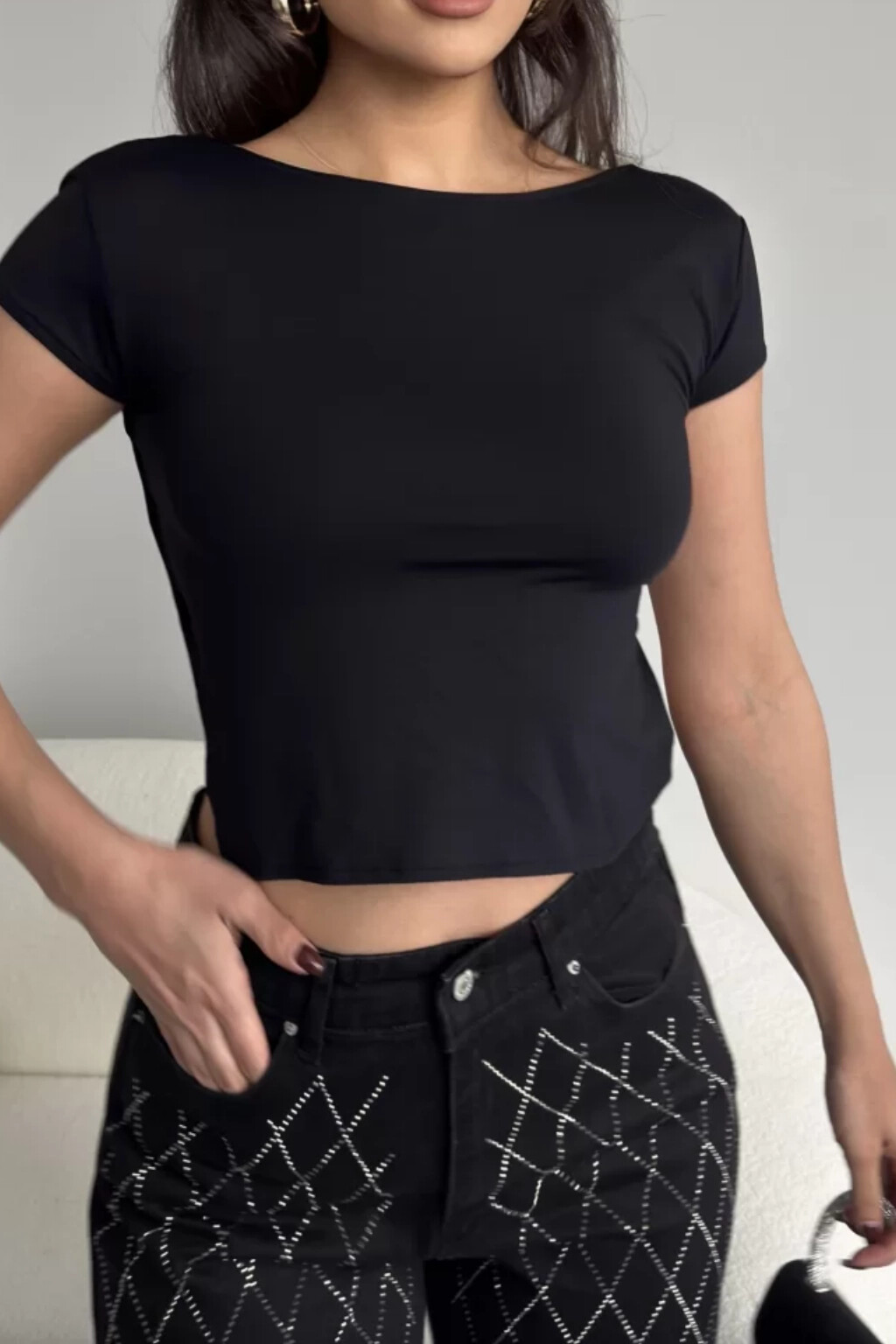 Kadın Siyah Sırt Dekolteli Ayarlanabilen Crop (ZCK99)