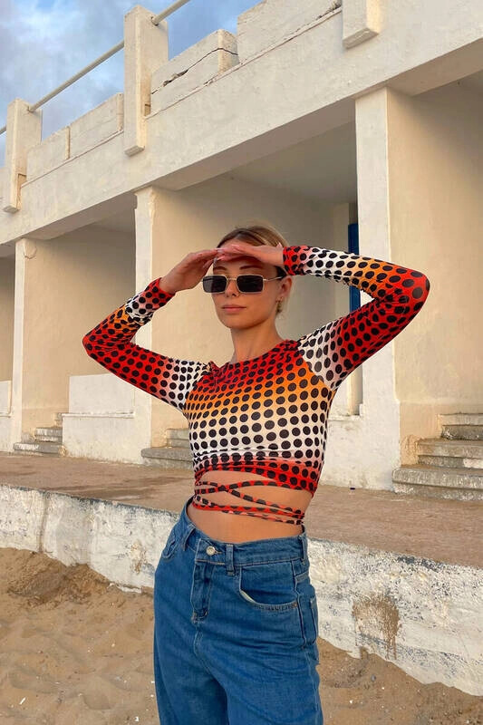 Kadın Turuncu Bel Dolamalı Uzun Kollu Bluz (zck0540)