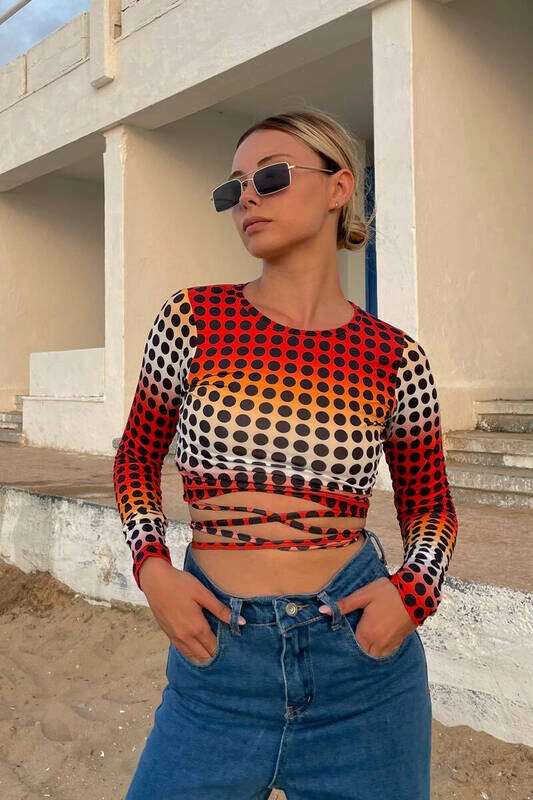 Kadın Turuncu Bel Dolamalı Uzun Kollu Bluz (zck0540)