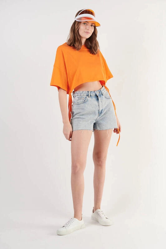 Kadın Turuncu Belden Bağlamalı Düşük Kollu Yuvarlak Yaka Bluz (ZCK0284)