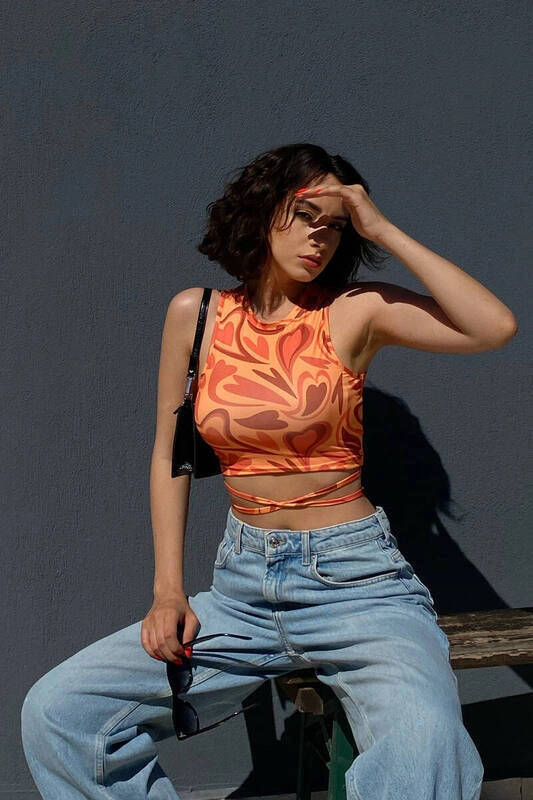 Kadın Turuncu Desenli Bel Dolamalı Bluz (zck0475)