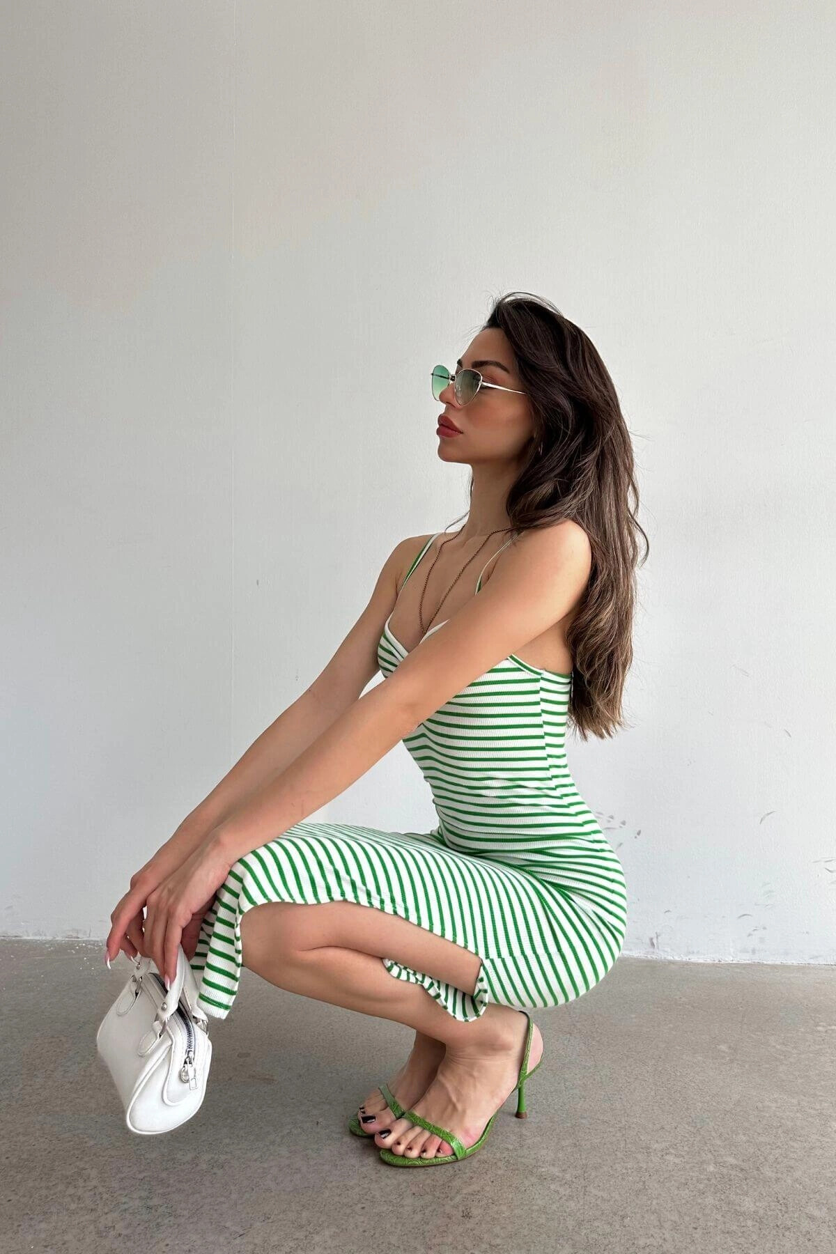 Kadın Yeşil Çizgili Askılı Midi Boy Elbise (zck0681)