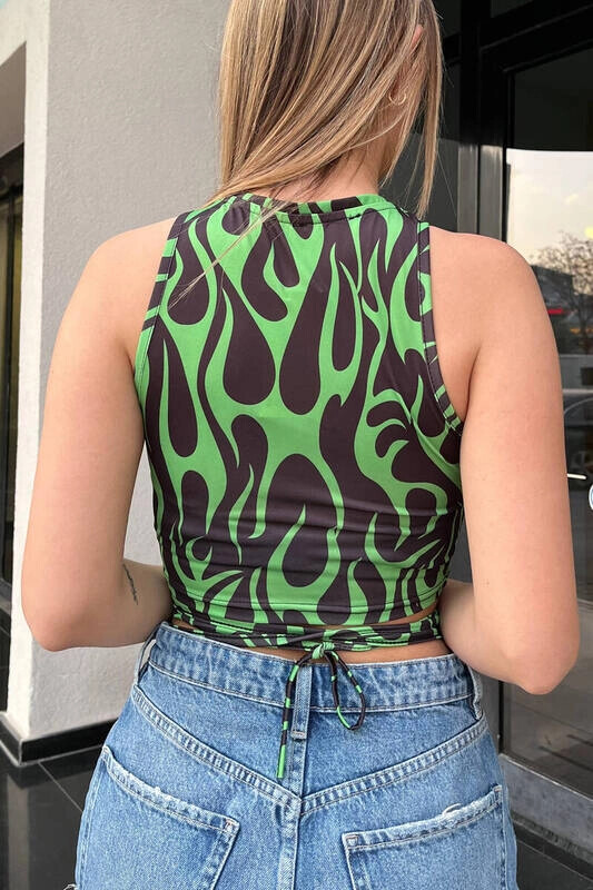 Kadın Yeşil Desenli Bel Dolamalı Bluz (zck0475)