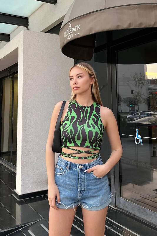 Kadın Yeşil Desenli Bel Dolamalı Bluz (zck0475)