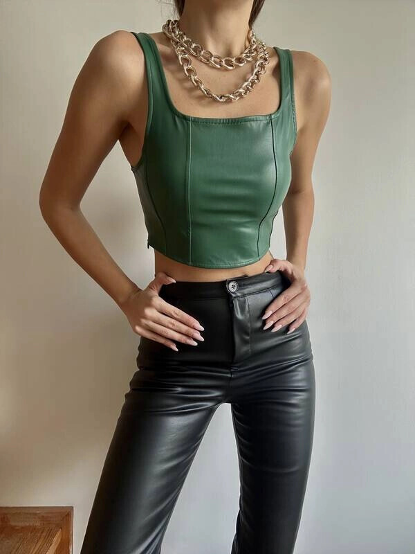 Kadın Yeşil Sırt Detaylı Askılı Deri Büstiyer (zck0598)