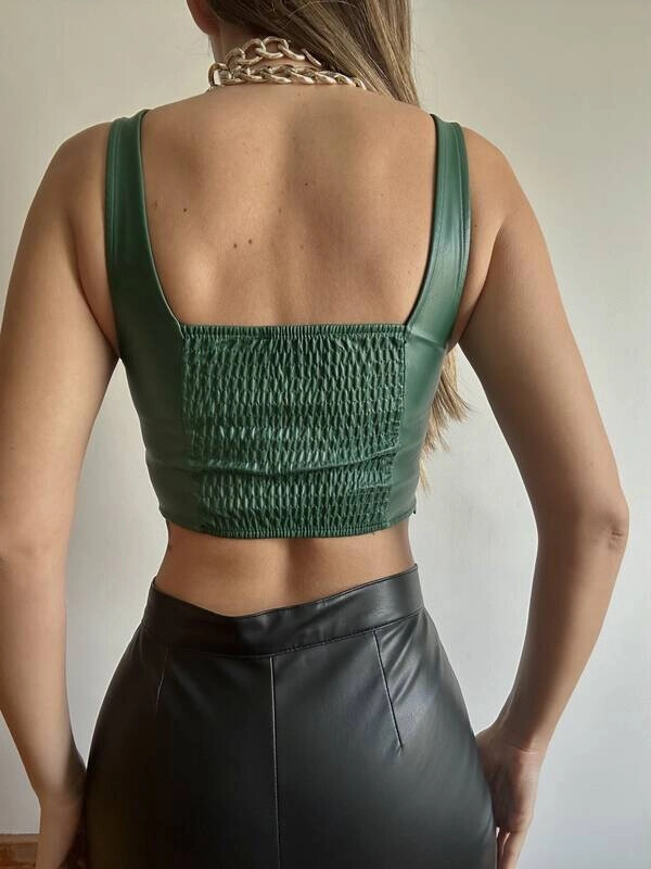 Kadın Yeşil Sırt Detaylı Askılı Deri Büstiyer (zck0598)