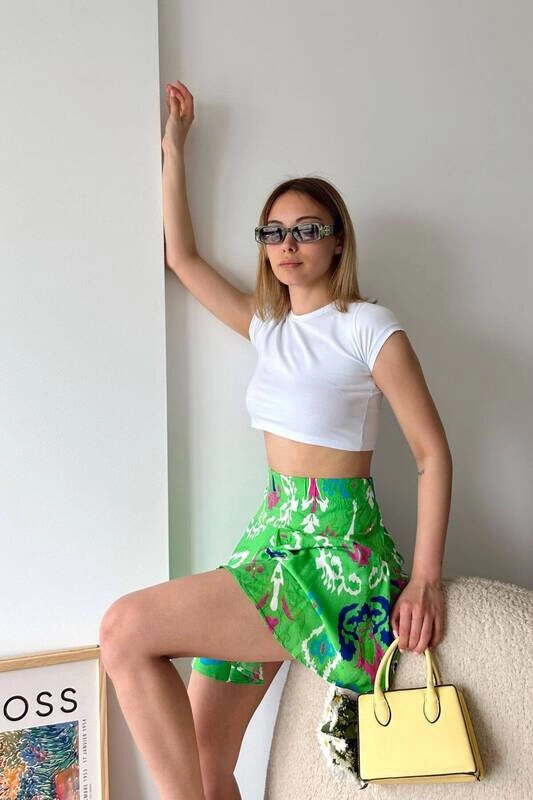 Kadın Yeşil Volanlı Mini Şortlu Etek (zck0479)