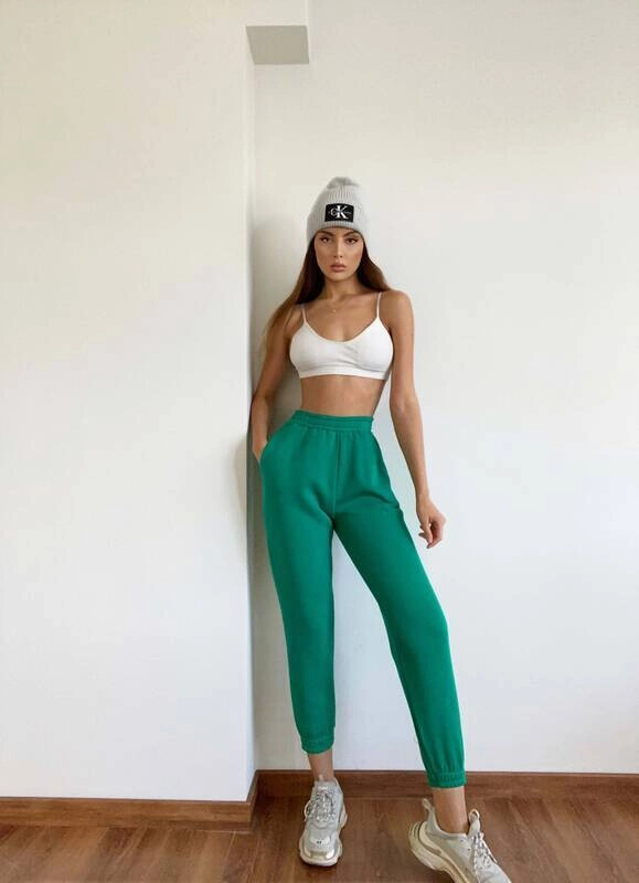 Kadın Zümrüt Yeşili İçi Şardonlu Üç İplik Eşofman Altı (zck0577)