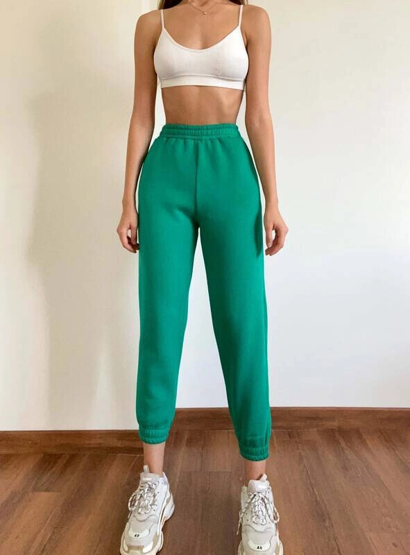 Kadın Zümrüt Yeşili İçi Şardonlu Üç İplik Eşofman Altı (zck0577)