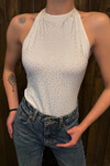 Kadın Beyaz Yılbaşına Özel Taşlı Boyundan Bağlamalı Bodysuit (ZCKSS127)