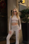 Kadın Krem Crop Bluz Bel Katlamalı Yumoş İspanyol Paça Takım (ZCKSA0350)