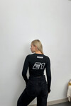 Kadın Siyah Yarış Bakılı Uzun Kol Crop T-Shirt (zck0768)