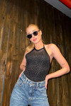 Kadın Siyah Yılbaşına Özel Taşlı Boyundan Bağlamalı Bodysuit (ZCKSS127)