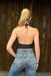 Kadın Siyah Yılbaşına Özel Taşlı Boyundan Bağlamalı Bodysuit (ZCKSS127)