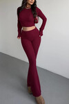 Kadın Bordo Crop Bluz Bel Katlamalı Yumoş İspanyol Paça Takım (ZCKSA0350)