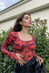 Kadın Kırmızı Asimetrik Kesim Crop Tül Bluz (zck0569)